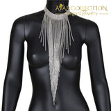 Multi Layer Tassel Rhinestone Choker Necklace in Silver - Avas Collection