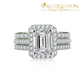 Emerald Cut 925 Sterling Silver Wedding Rings Set 3 In 1 18K Gold