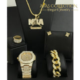 Nba Mens Watch Iced Out Cuban Hip Hop & Necklace Bracelet Earrings Ring Combo Multicolor Quartz