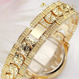 Iced Out Gold Tone Watch With Skull Bling Leather Rope Bracelet Gift Set Chain & Link Bracelets