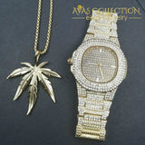 Luxury Leaf Pendant Mens Iced Out Watch/ Necklace Plus Pendant Et12 Quartz Watches