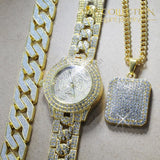 Iced Out Watch & Bracelet Square Necklace Combo Set Jewelry Sets