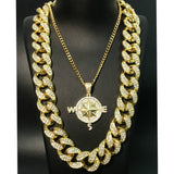 Iced Out Miami Cuban Compass Rock 2cm Pendant Bling Set