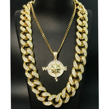 Iced Out Miami Cuban Compass Rock 2cm Pendant Bling Set