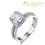 Genuine 925 Sterling Silver Emerald Cut Ring Set Simulated Diamonds Engagement Rings