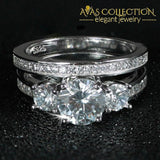 3 Stone 925 Silver Wedding Ring Set/ Simulated Diamonds Rings