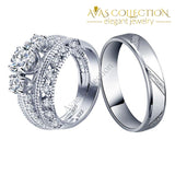 High Quality Solid 925 Sterling Silver 3Pcs In 1 Couple Wedding Ring Set Rings