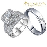 Luxury Couples Set /solid 925 Sterling Silver 3Pcs In 1 Couple Wedding Ring Set Rings