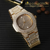 14K Yellow Gold Filled Mens Iced Out Hip Hop Watch & Necklace Bracelet Earrings Set Quartz Watches