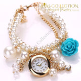 Rose Flower Design Pearl Wrist Watch Womens Watches