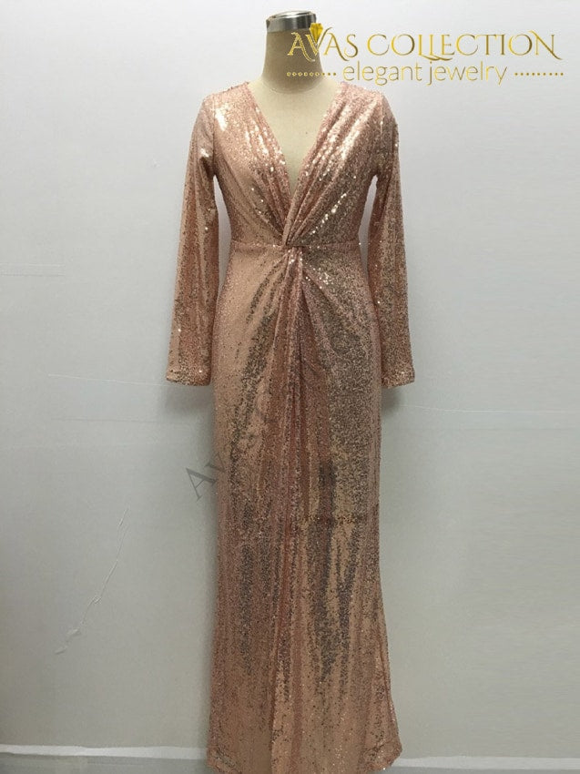 Gold Sequin Dress Plunging V Neck Twist Front High Slit Dress – Avas  Collection