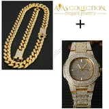 Iced Out Miami Chain Set Gold-Color / Watch Pendant Necklaces