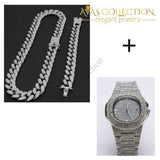 Iced Out Miami Chain Set Silver Plated / Watch Pendant Necklaces