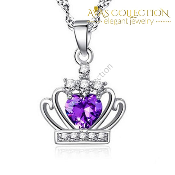 Purple / White Crown Cz Pendant Necklace 925 Sterling Silver Necklaces