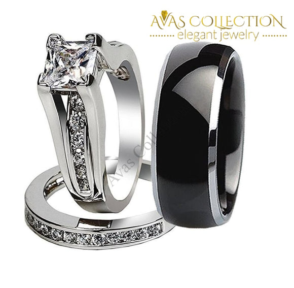 His & Hers 10KT White Gold Filled Princess Cut/ Men Stainless Steel - Avas Collection