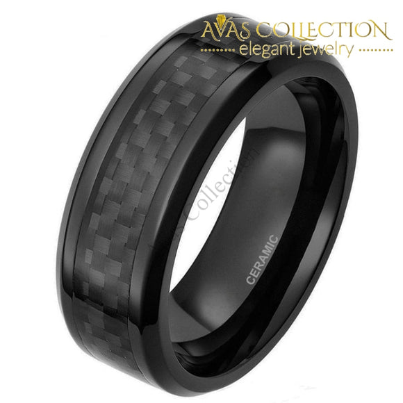8Mm Mens Ceramic Ring Black Carbon Fiber Inlay Rings