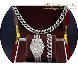 14K White Gold Filled Iced Out Techno Pave Men Watch Cuban Chain & Bracelet Set (All Of Them):