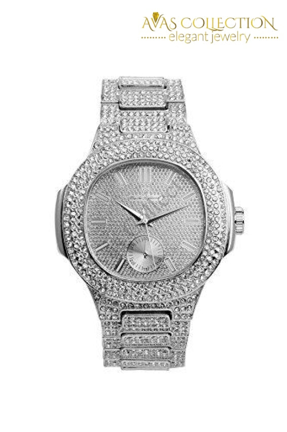 Bling-Ed Out Oblong Case Metal Mens Watch - 8475 Silver/silver: