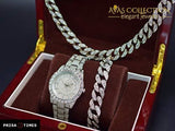 14K White Gold Filled Iced Out Techno Pave Men Watch Cuban Chain & Bracelet Set (All Of Them):