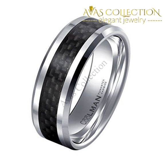 Tungsten Wedding Rings For Men Black Carbon Fiber Inlaid Mens 8Mm Comfort Fit Ring 8.5