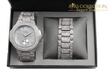 Bling-Ed Out Oblong Case Metal Mens Watch W/matching Bracelet Gift Set - 8475B Silver: Watches