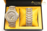 Bling-Ed Out Oblong Case Metal Mens Watch W/matching Bracelet Gift Set - 8475B Gold/gold: