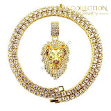 Bling Empire Mens Hip Hop Iced Out 14K Gold Artificial Diamond Lion Head Pendant Cz Tennis Chain