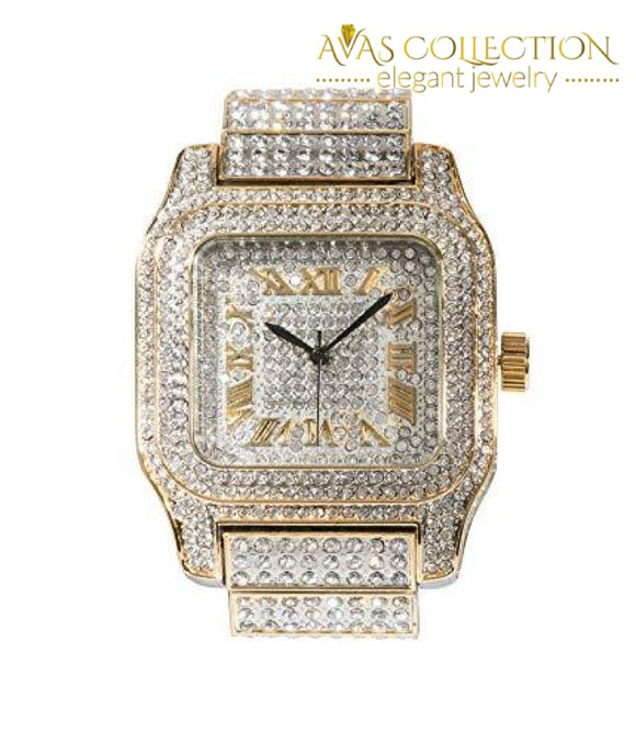 Mens Hip Hop Bling-Ed Out Huge Square Dial Watch With Simulated Diamond Crystals - Two Tone: Watches