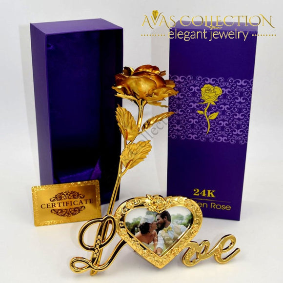24K Gold Rose With Love Stand Frame Artificial & Dried Flowers