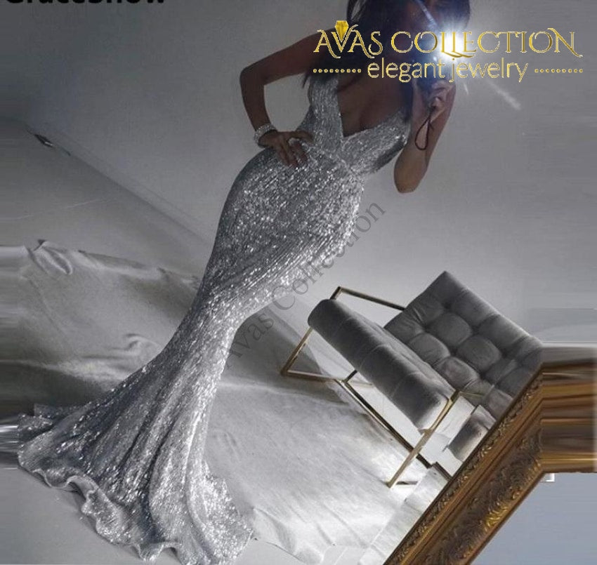 Sexy Silver/Black Sequined Open Back Elegant Party Dress Floor Length Avas Collection Sexy Silver/Black Sequined Open Back Elegant Party Dress Floor Length Avas Collection