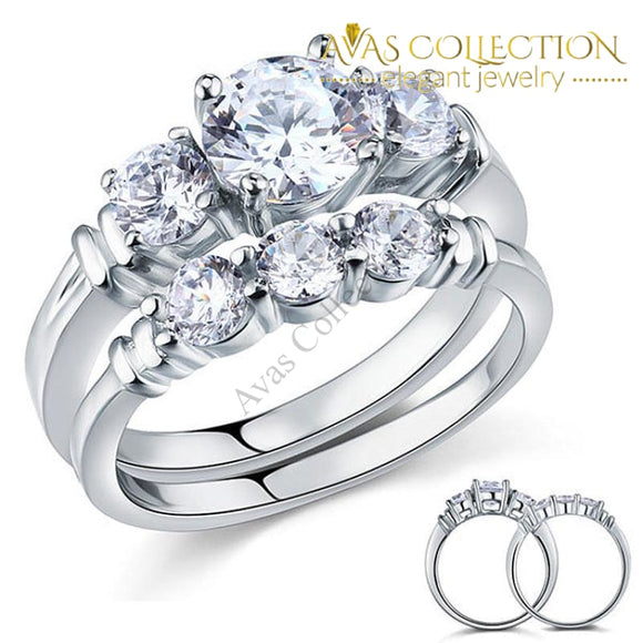 Round Cut 2-Pcs Solid Sterling 925 Silver Wedding Set/ High Polish - Avas Collection