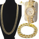 3 Pcs / 24 Iced Out Cuban Stone Chain/ Bracelet/ Watch Set Jewelry Sets