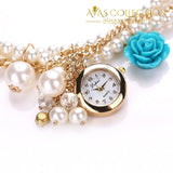 Rose Flower Design Pearl Wrist Watch Womens Watches