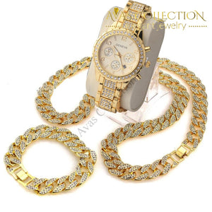 3 Pcs / 24 Iced Out Cuban Stone Chain/ Bracelet/ Watch Set Jewelry Sets