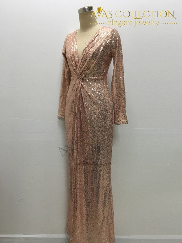 Gold Sequin Dress Plunging V Neck Twist Front High Slit Dress  Avas  Collection