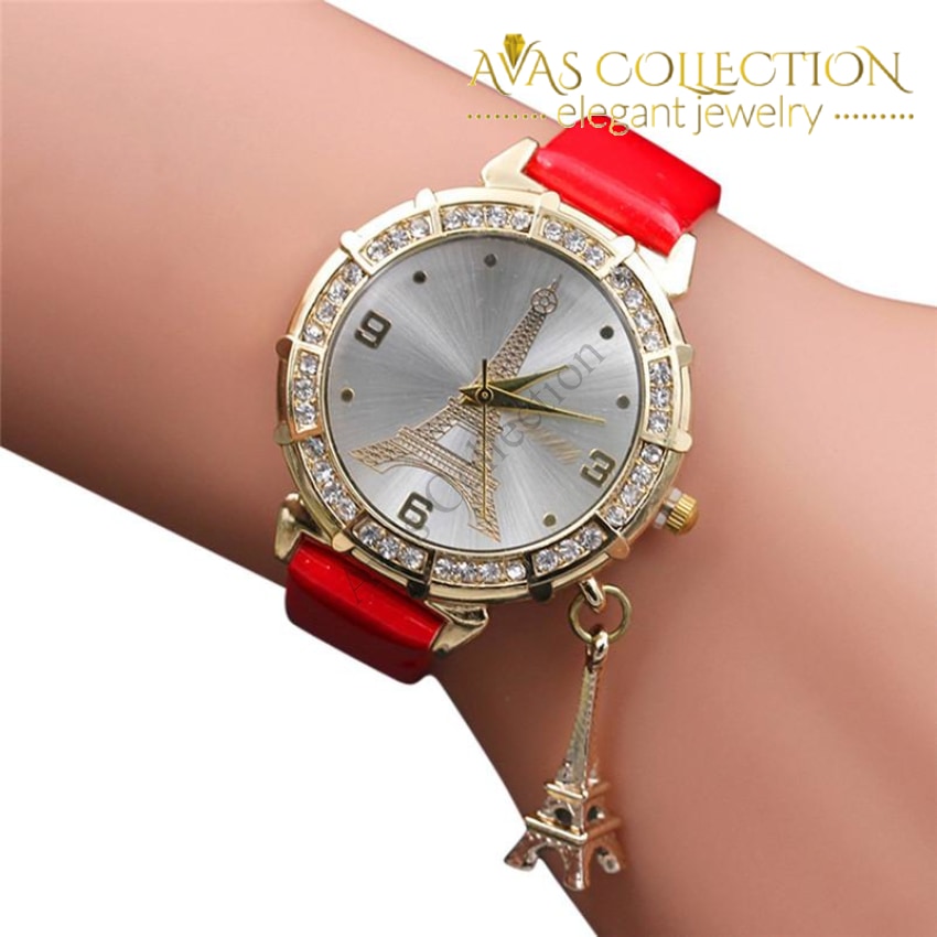 Red Eiffel Tower Dial Rhinestone Bezel Analog Wristwatch Fashion‎ Watch Accessories | Unique Paris Eiffel Tower Pocket Watch New  main image 4
