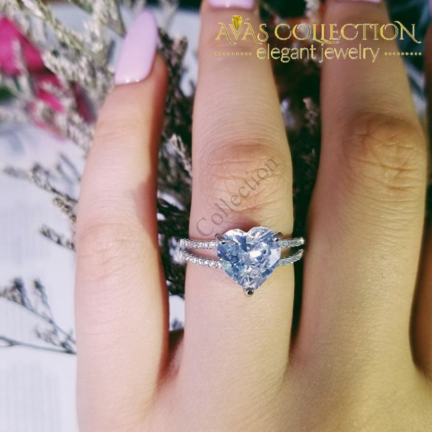 Sterling Silver Heart Ring With Simulated Aquamarine - Solid .925 Silver Love Band, Size 3 - View #2