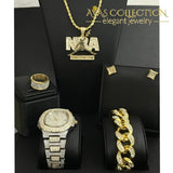 Nba Mens Watch Iced Out Cuban Hip Hop & Necklace Bracelet Earrings Ring Combo Coffee Quartz Watches