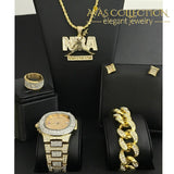 Nba Mens Watch Iced Out Cuban Hip Hop & Necklace Bracelet Earrings Ring Combo Rose Quartz Watches