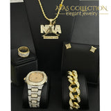 Nba Mens Watch Iced Out Cuban Hip Hop & Necklace Bracelet Earrings Ring Combo Bronze Quartz Watches