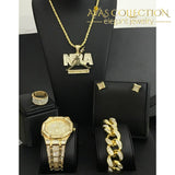 Nba Mens Watch Iced Out Cuban Hip Hop & Necklace Bracelet Earrings Ring Combo Pink Quartz Watches