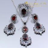 925 Silver Red Rhodolite White Crystal Earrings Ring Necklace Pendant Set - Avas Collection