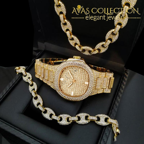 Luxury Watch & Full Iced Coffee Beans 18 Necklace 8 Bracelet Gift Set Jewelry Sets