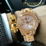 Iced Out Gold Tone Watch With Skull Bling Leather Rope Bracelet Gift Set Chain & Link Bracelets