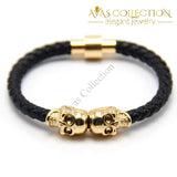 Iced Out Gold Tone Watch With Skull Bling Leather Rope Bracelet Gift Set Only Bracelet Chain & Link