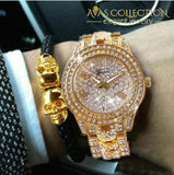Iced Out Gold Tone Watch With Skull Bling Leather Rope Bracelet Gift Set Combination Set Chain &