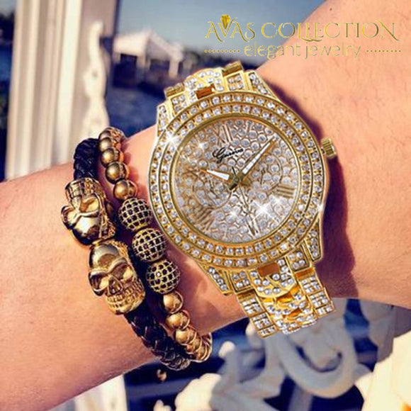 3PCS Hip hop Luxury Watches Jewelry Set Mens Women Iced Out Watch Necklace  Bracelet Bling Diamond
