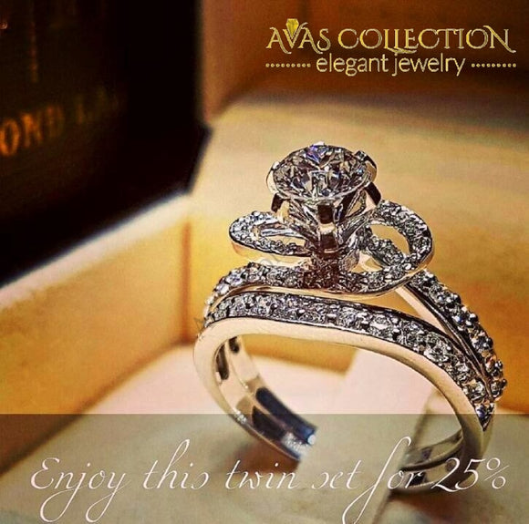 Luxury Female Big Finger Ring Set Crystal 925 Silver Bridal Promise Zircon Engagement Rings For
