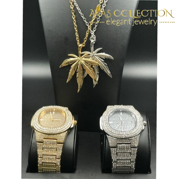 Luxury Leaf Pendant Mens Iced Out Watch/ Necklace Plus Pendant Quartz Watches