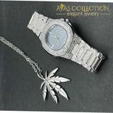 Luxury Leaf Pendant Mens Iced Out Watch/ Necklace Plus Pendant Set11 Quartz Watches